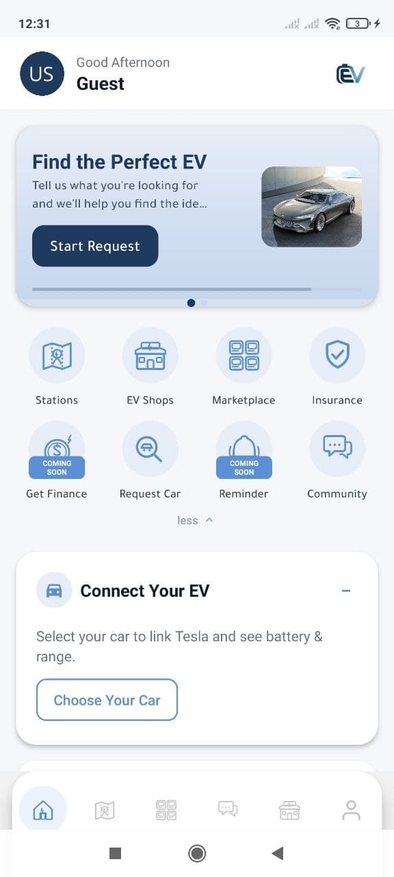 معاينة طويلة لشاشة الرئيسية في تطبيق EV Group